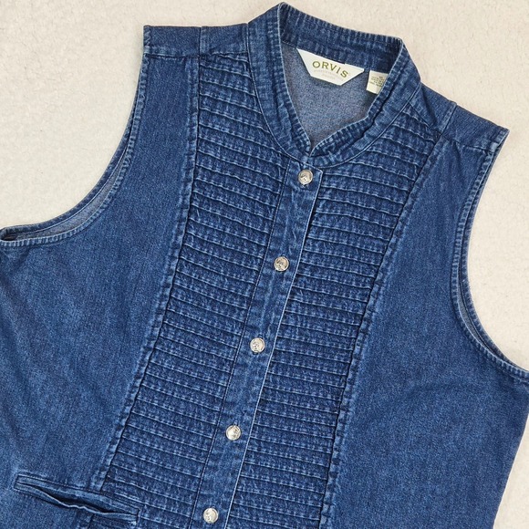 Orvis Jackets & Blazers - Orvis Denim Vest Womens 16 Blue Pintuck Pleated Button Front Mandarin Collar Top